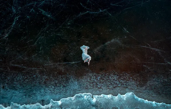Winter, girl, nature, pose, the dark background, loneliness, shore, ice