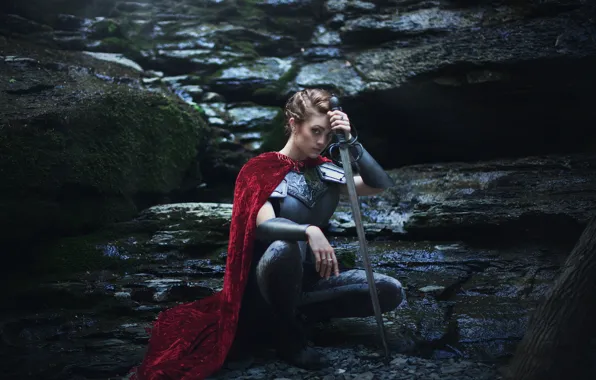 Picture girl, stones, background, sword, armor, cloak