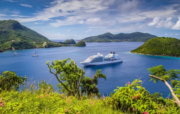 Sea, greens, the sky, grass, the sun, clouds, mountains, coast