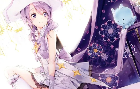 Stars, pattern, hat, being, bow, art, Houkago in the Pleiades, Houkago no Pleiades