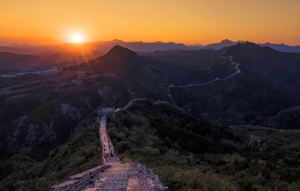 Picture sunset, mountains, China, The great wall of China