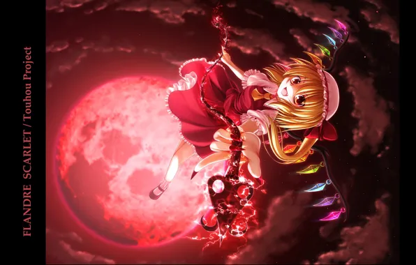 Picture the full moon, madness, art, vampire, Touhou Project, gray clouds, black magic, blood Moon