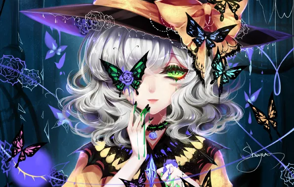 Look, girl, butterfly, hat, art, Touhou, Touhou, Touhou