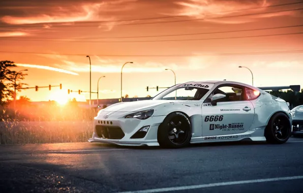 Picture car, sunset, white, tuning, sun, toyota gt86