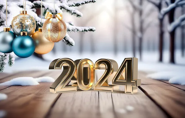 Wallpaper Winter Snow Balls Figures New Year Golden Balls Wood   Winter Snow 2024 Design By Marika New Year Number Metallic G 