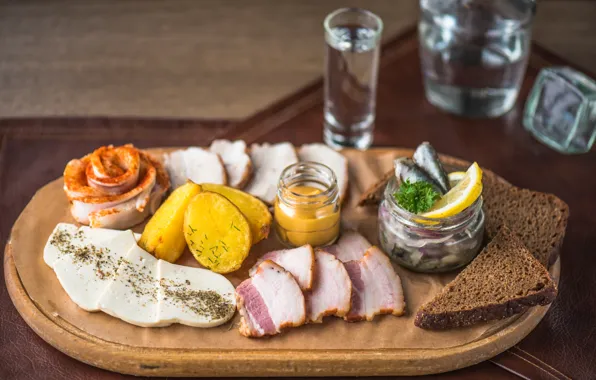 Picture cheese, bread, vodka, appetizer, potatoes, herring, fat