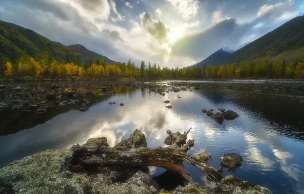 Autumn, landscape, sunset, mountains, nature, river, valley, snag