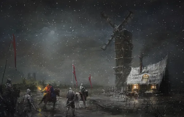 Snow, night, art, mill, torch, hut, hike, knights