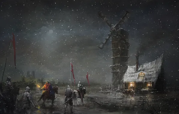 Picture snow, night, art, mill, torch, hut, hike, knights