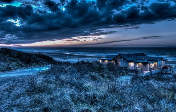 Picture sea, night, house, shore