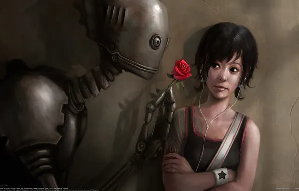 Flower, girl, rose, robot, tattoo, player, love, rudy faber