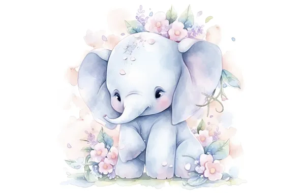 Flowers, elephant, watercolor, white background, painting, Milota, elephant, imitation of watercolor