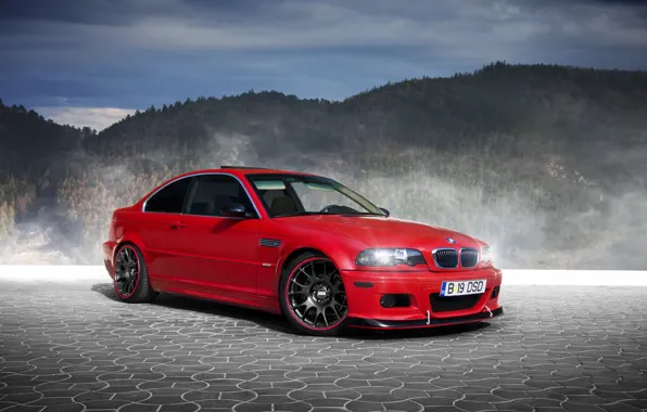 Forest, mountains, red, fog, BMW, pavers, BMW, red