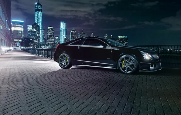 Picture night, the city, lights, black, Cadillac, black, CTS-V, Cadillac