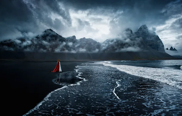 Sea, girl, clouds, landscape, mountains, nature, pose, shore