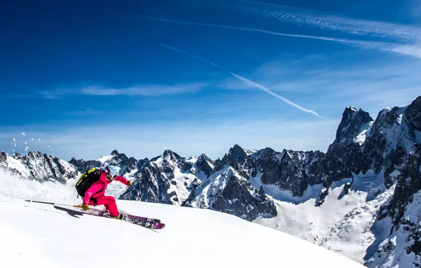 Winter, the sky, clouds, snow, mountains, ski, skier, extreme sports