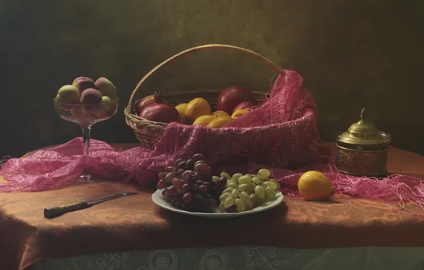 Table, grapes, knife, fruit, still life, basket, peaches, shawl