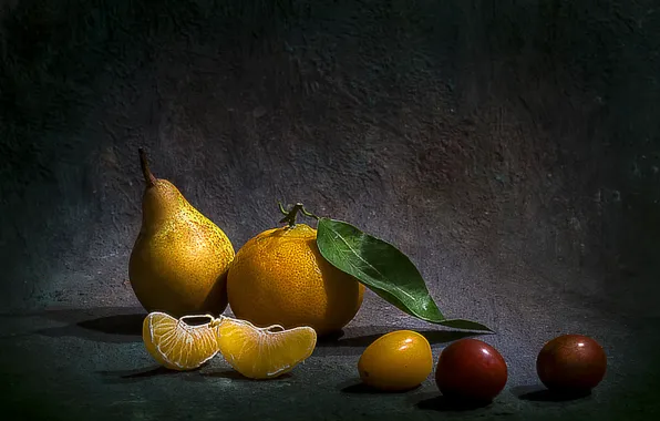 Picture style, photo, pear, fruit, still life, Mandarin, drain, pseudoeuops