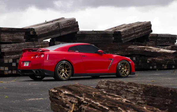 Red, red, Nissan, GT-R, sports car, Nissan, rearside