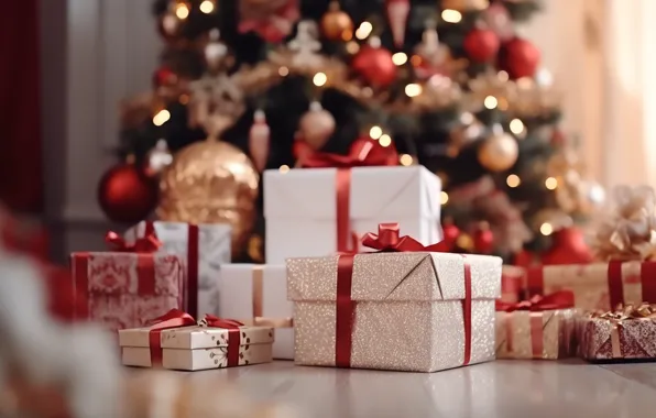 Balls, lights, room, Christmas, gifts, red, New year, white