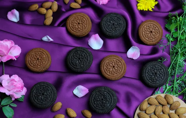 Cookies, fabric, purple background
