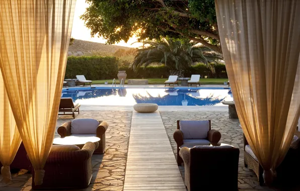 Trees, style, chairs, pool, in the summer, nature