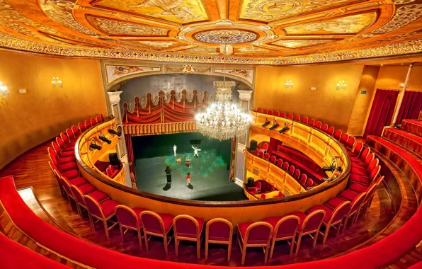 Picture scene, chairs, chandelier, theatre, balcony, hall, Spain, Almagro