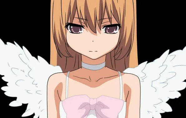Picture wings, black background, bow, Aisaka Taiga, big eyes, Toradora
