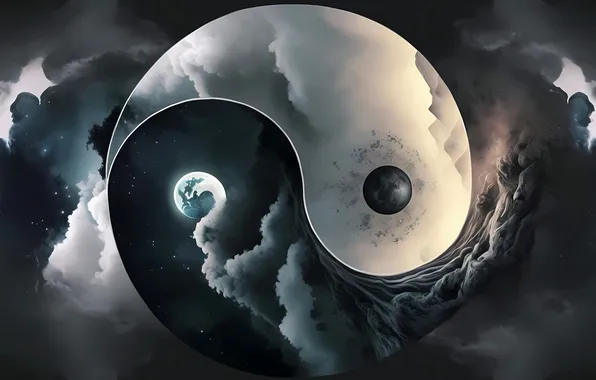 Clouds, the moon, round, Yin - Yang, Yin and Yang