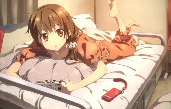 Picture look, girl, bed, lies, joystick, pillow, phone, art