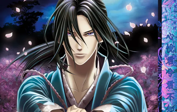 Picture look, clouds, trees, night, petals, samurai, male, Hakuouki