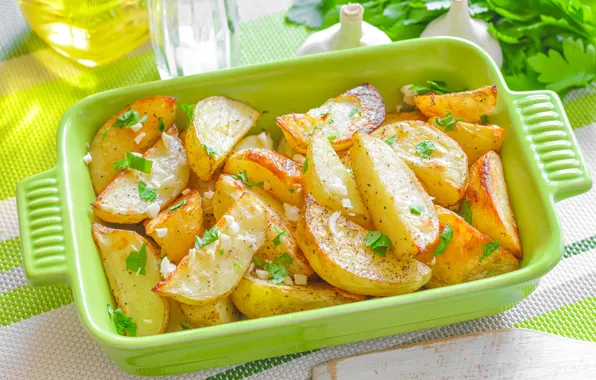 Picture food, dishes, parsley, garlic, potatoes, potatoes, baked