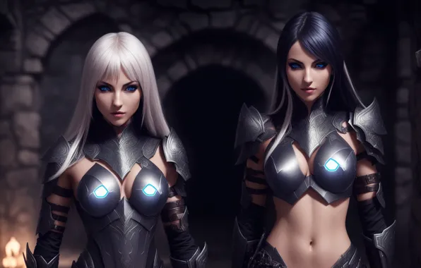Girl, fantasy, armor, art, twins, Stable Diffusion, neuronet, Ai art