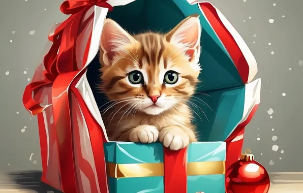 Cat, look, pose, kitty, gift, red, Christmas, cute