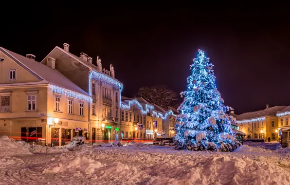 Picture Home, Winter, Night, The city, Snow, New Year, Street, Tree