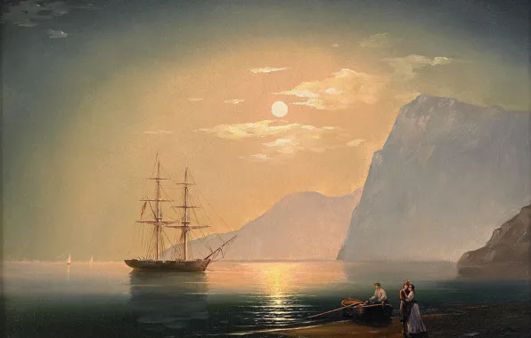 Sea, mountains, shore, boat, picture, Ivan Aivazovsky, 1868, Ship under the moonlight