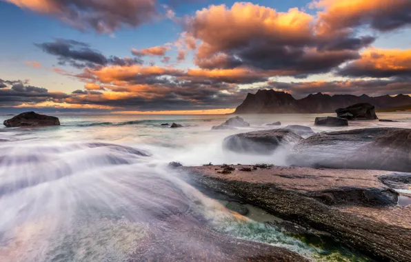 Picture sea, wave, the sky, clouds, landscape, mountains, nature, stones