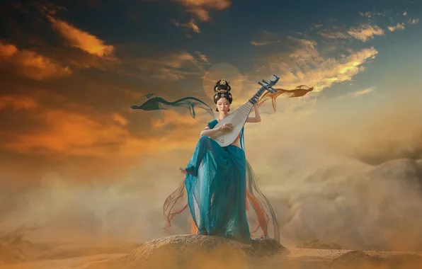 The sky, look, girl, clouds, sunset, nature, pose, fog
