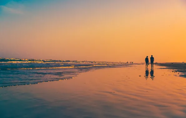 Wave, beach, sunset, reflection, people, mirror, pair, walking