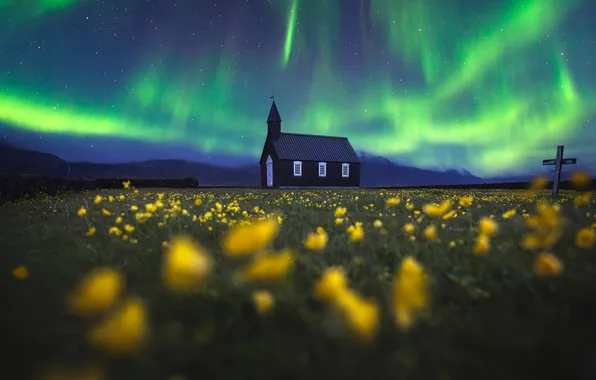 Picture field, landscape, house, Northern lights