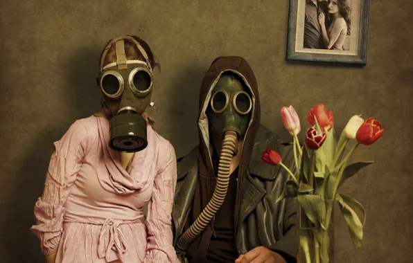 Flowers, photo, gun, romance, bouquet, pair, tulips, vase