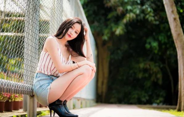 Look, pose, sweetheart, legs, Asian, sitting, bokeh