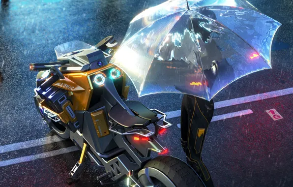 Rain, transport, umbrella, art, motorcycle, sci-fi