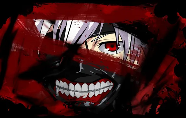 Blood, mask, white hair, red eye, Tokyo Ghoul, Ken Kanek, Tokyo Ghoul, The Kaneko Ken