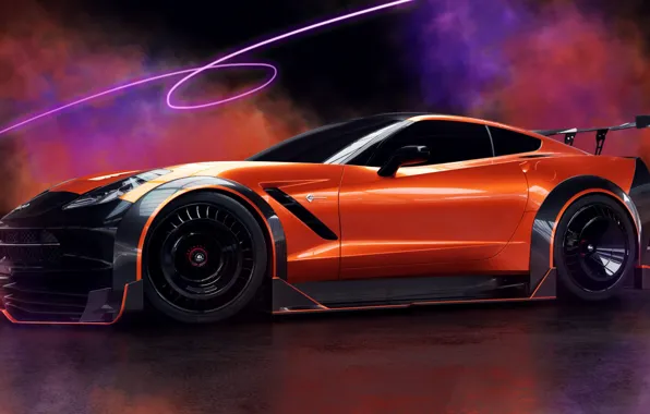 Auto, Corvette, Machine, Orange, Rendering, Stingray, Corvette Stingray, Sports car