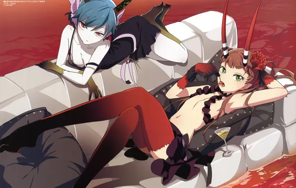 Sofa, glass, horns, cherry, two girls, red eyes, green eyes, mashu