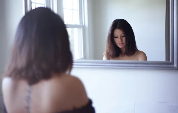 Girl, face, reflection, mirror