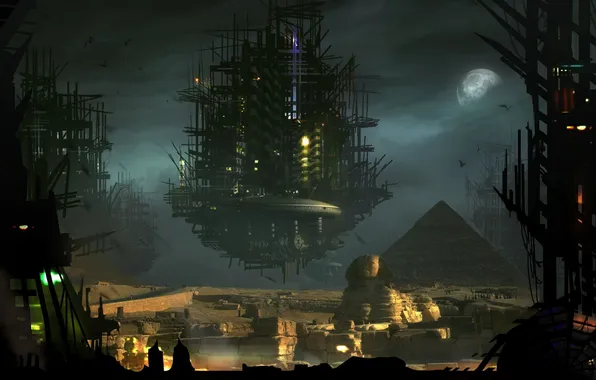 The city, future, the moon, Pyramid, Sphinx