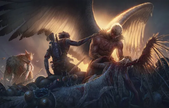 Sword, gun, blood, monster, weapon, dead, wings, man