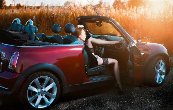 Machine, auto, girl, pose, feet, stockings